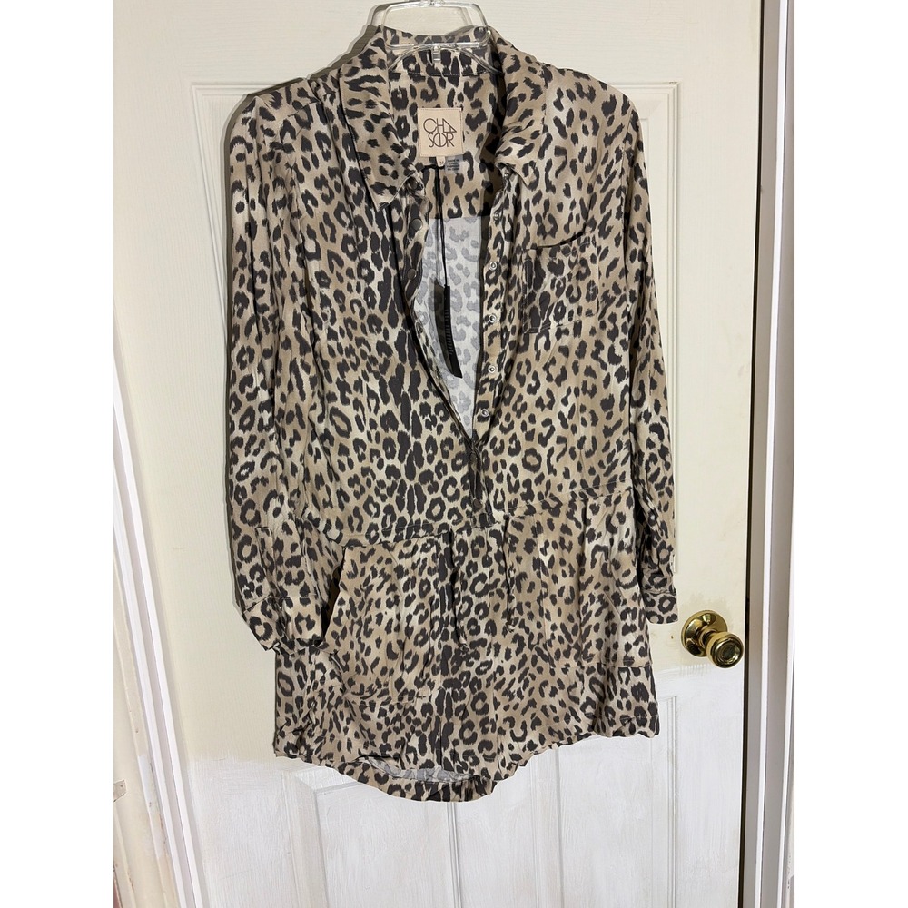 New Chasor Womens Leopard Print Romper Long Sleeve Snap Front shorts Brown Tan M